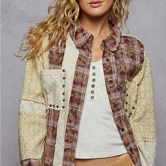 NWT POL Plaid Patchwork Jean Jacket Sizes Small Medium Large - Picture 1 of 5